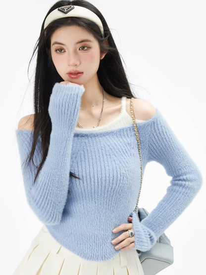 One-shoulder faux two-piece knit