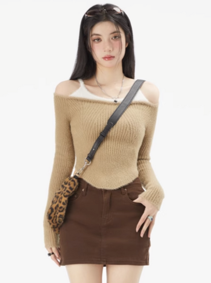 One-shoulder faux two-piece knit