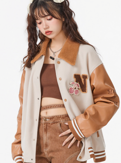 Lamb Wool Lapel Contrast Color Stitched Leather Coat Jacket