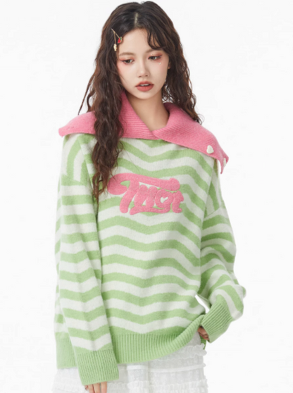 Striped High Neck Contrast Collar Sweater