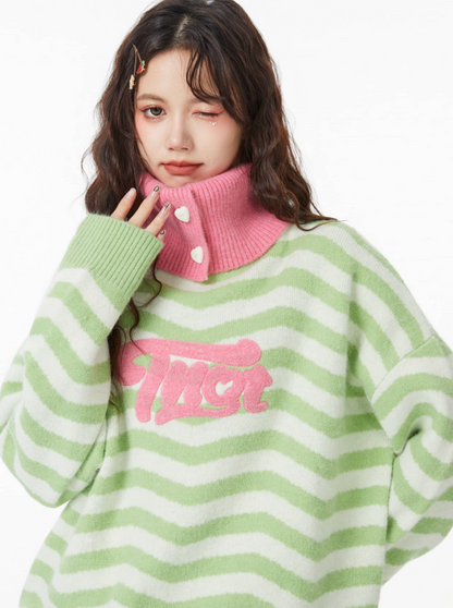 Striped High Neck Contrast Collar Sweater