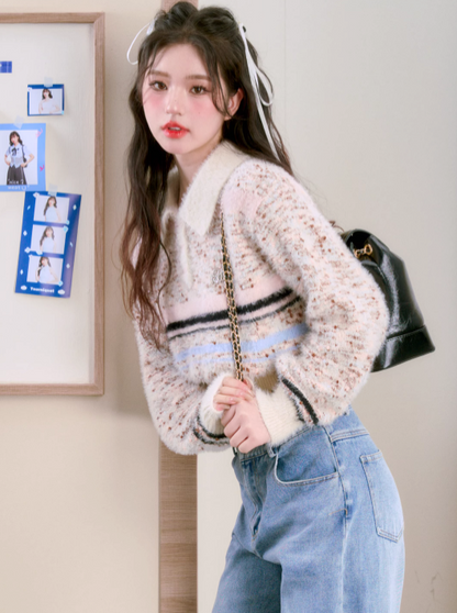 Lapel Imitation Mink Polo Knit Top