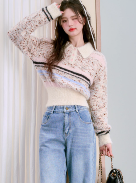 Lapel Imitation Mink Polo Knit Top