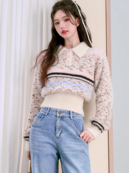 Lapel Imitation Mink Polo Knit Top