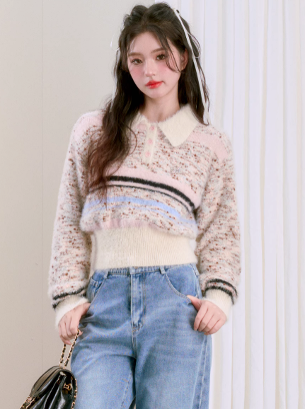 Lapel Imitation Mink Polo Knit Top