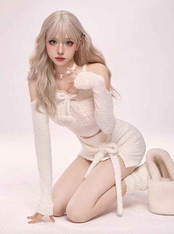 Pure White Fur Top + Fur Slit Skirt + White Bear Hat