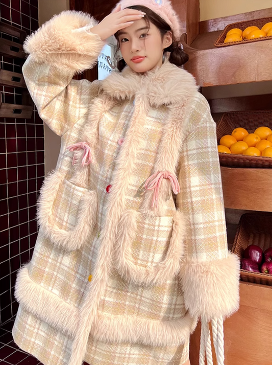 Fur Wool Check Coat