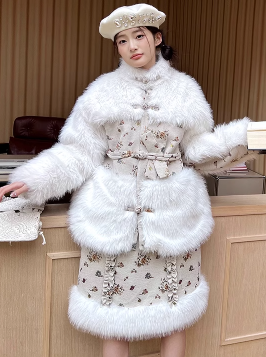 레트로 플라워 모피 코트 + 레트로 모피 스커트