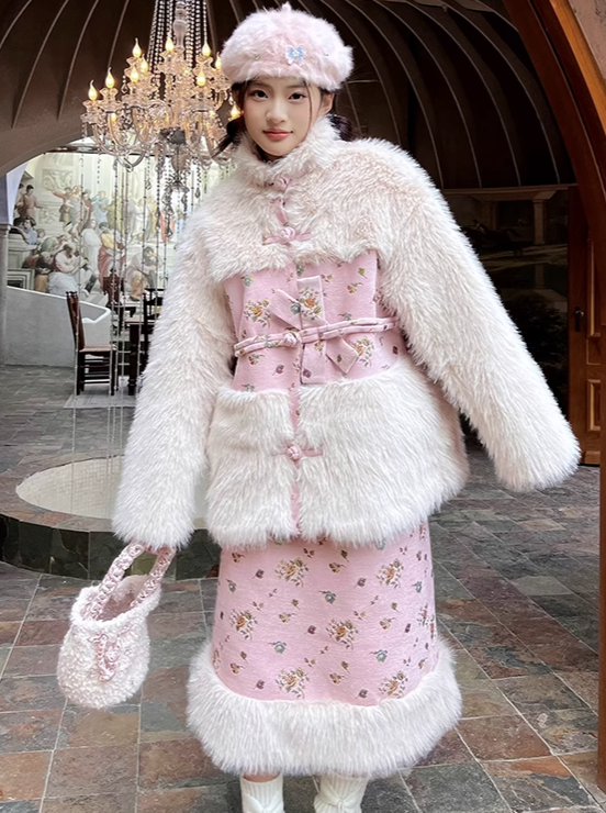 レトロフラワーファーコート＋レトロファースカート