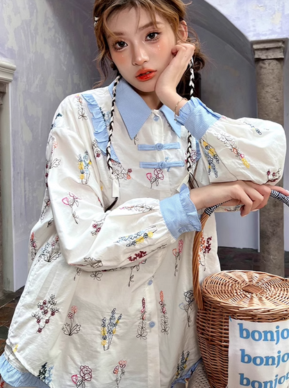 Flower blue collar shirt + flower skirt