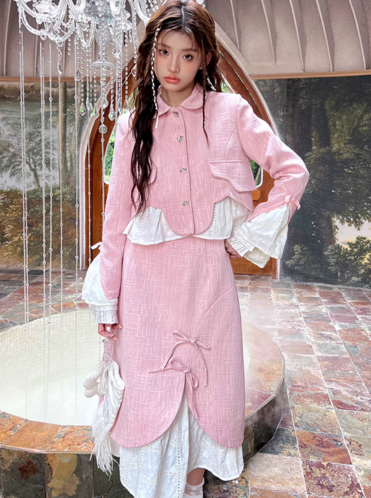 Girly retro pink jacket + ribbon skirt