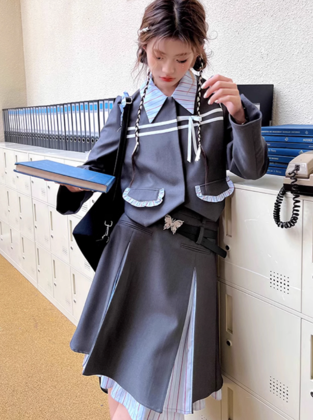 College Style Smoke Gray Jacket + Skirt