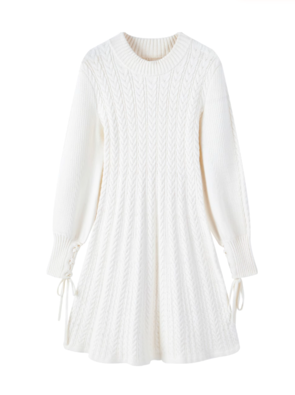 Round Neck Twisted Knit Lantern Sleeve Dress