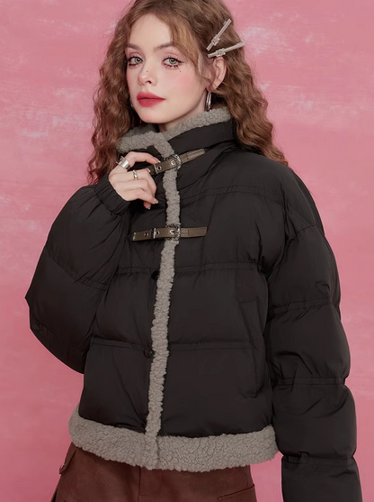 Stand collar belt dark down jacket