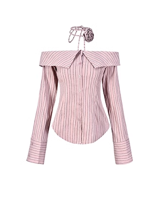 Striped neck flower design off-the-shoulder shirt