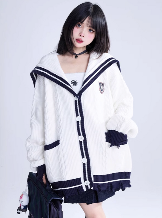 Navy Color Loose Casual Cardigan