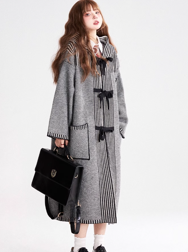 College Style Gray Retro Hooded Knit Long Cardigan