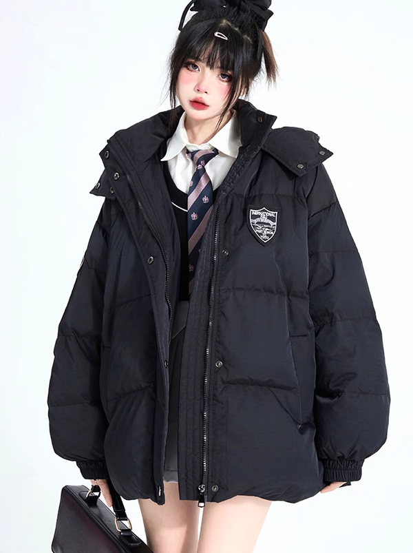 College Style Black Padded Down Jacket [Short/Long