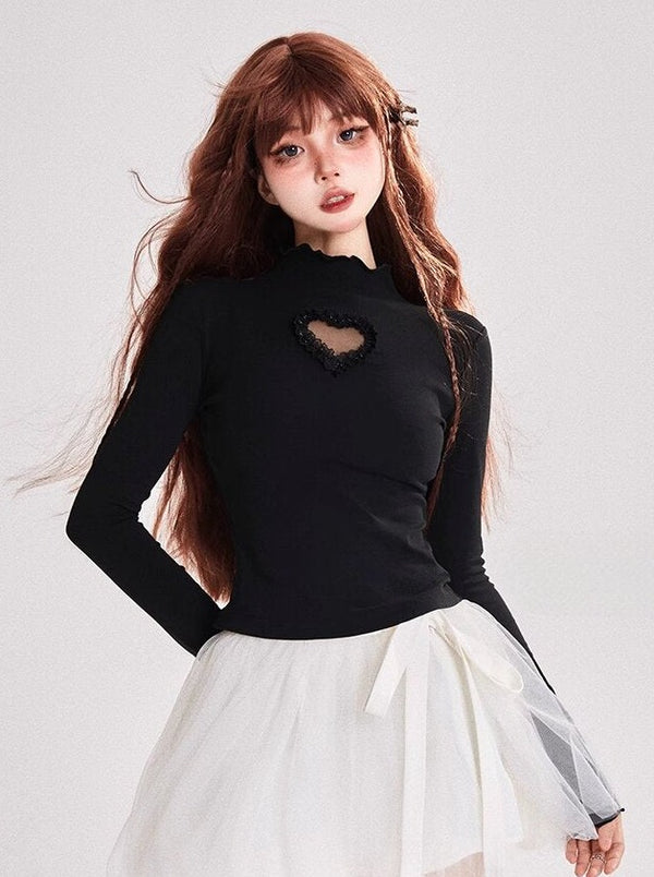 4-Color Love Lace High Neck Ruffle Top