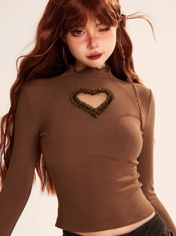 4-Color Love Lace High Neck Ruffle Top