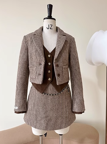 千鳥格子レトロブラウンウールジャケット+ベスト+スカート – Belchic 千鳥格子レトロブラウンウールジャケット+ベスト+スカート – Belchic