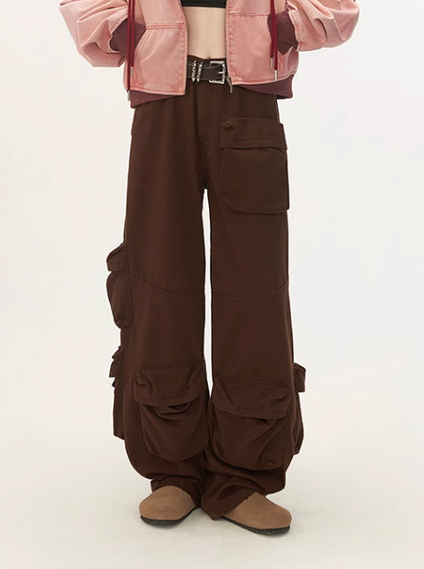 Maillard design multi-pocket wide leg pants