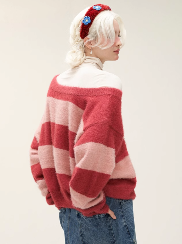 One-Shoulder Border Sweet Casual Knit