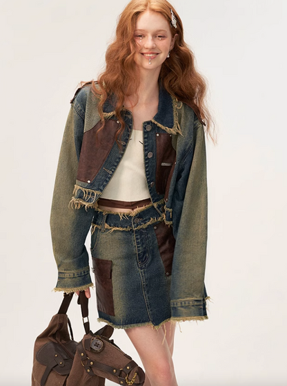 Retro-osh Leder-Patchwork-Jeansjacke + kurzer Jeansrock