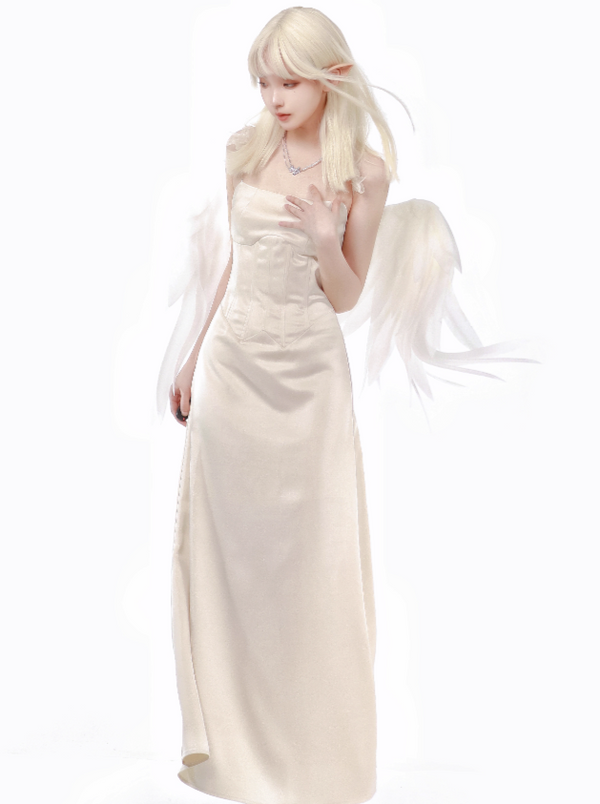 サスペンダードレスソリッドカラーフィッシュテールワンピース