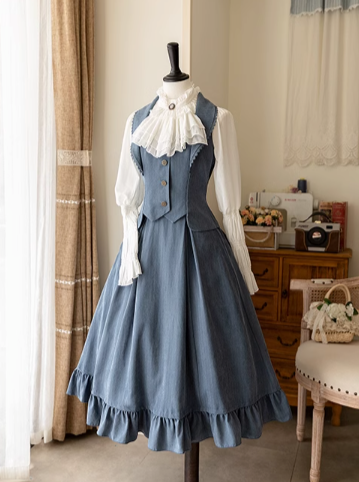Classical retro blouse + colored vest + flared long skirt