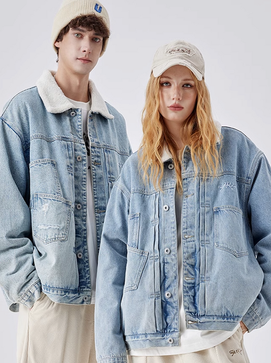 GUUKA light blue lambswool denim jacket men's winter thickened Tian Jiarui with the same couple retro jacket is loose