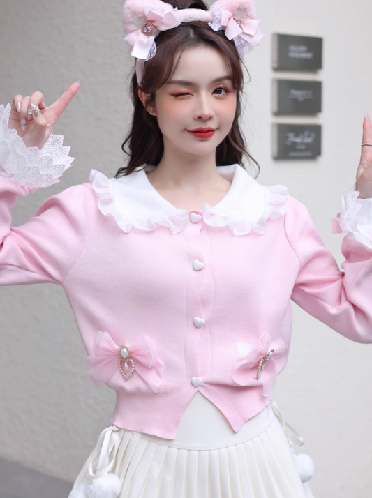 Creamy teenage princess lace fungus trimmed doll collar bow bell sleeve knit cardigan jacket crop top