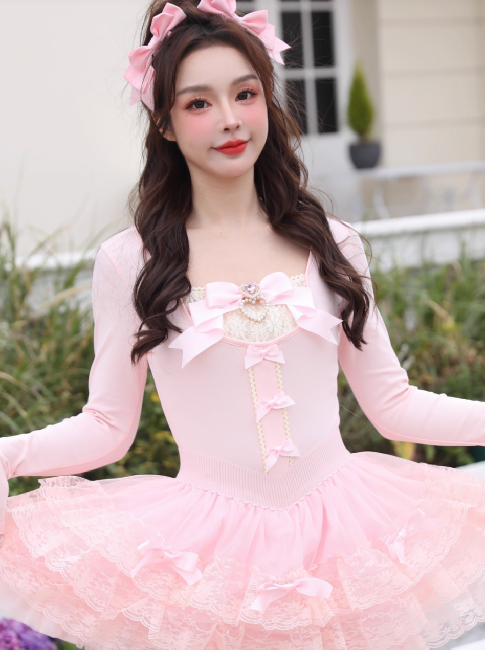 Ballet Style Princess Ribbon Pearl Love Diamond Lace Dress