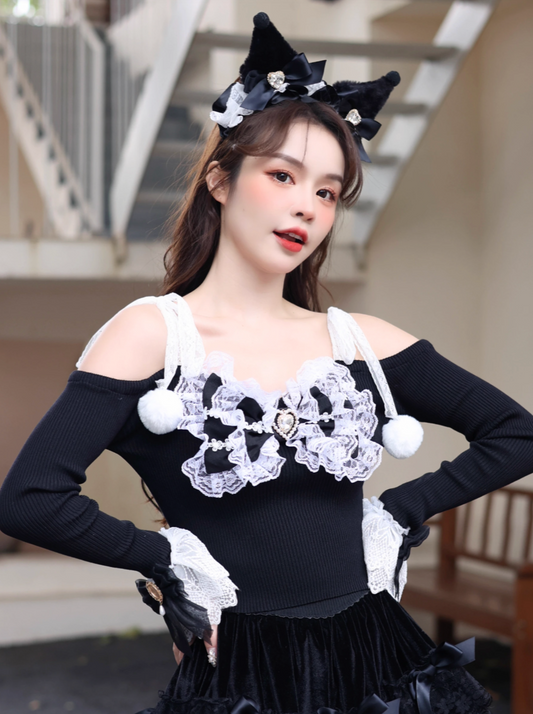 Lolita princess bow love lace lace hairball bell sleeve slim knit sweater crop top
