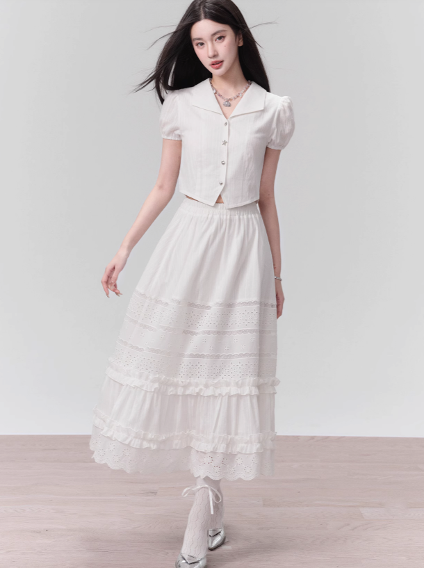 Spot】Fragile Store Heart-pounding Summer Sweet Date Dress First Love Feeling White Two-Piece Suit