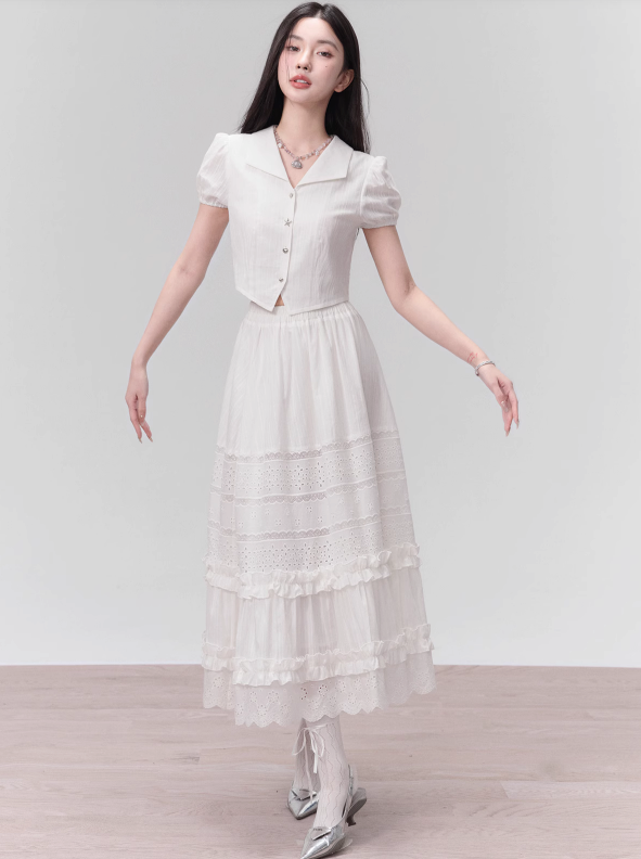 Spot】Fragile Store Heart-pounding Summer Sweet Date Dress First Love Feeling White Two-Piece Suit