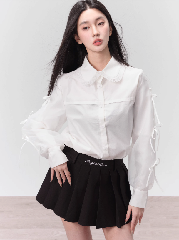 Spot】Fragile shop, 1st French jacquard shirred strap skirt bow patchwork shirt