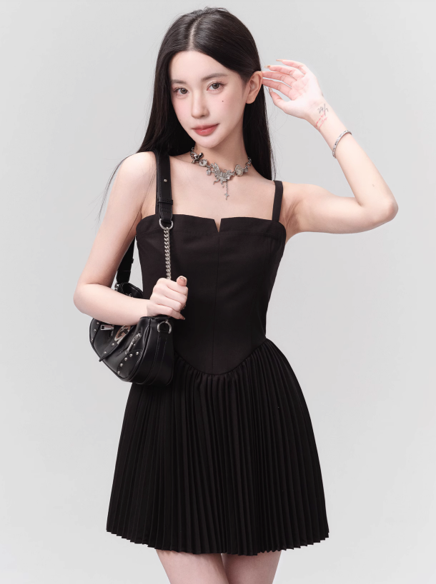 Silky Black Smart French Sweet Pleated Dress