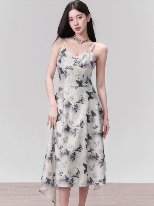 [Spot] Fragile Store Streamer Butterfly Dream Ink Print Sequin Resort Skirt Temperament Princess Dress