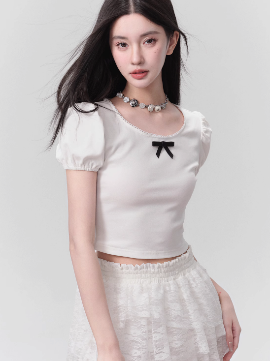 Fragileheart fragile shop vanilla mousse Japanese sweet girl puff sleeve short top lace cake skirt