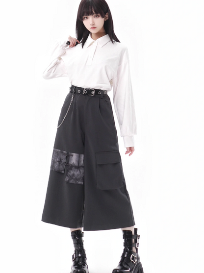 Lace-up Sleeve Top + Irregular Beige Skirt + Wide Pants