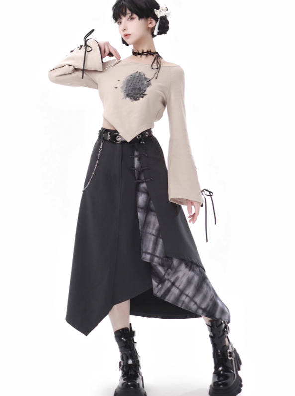 Lace-up Sleeve Top + Irregular Beige Skirt + Wide Pants