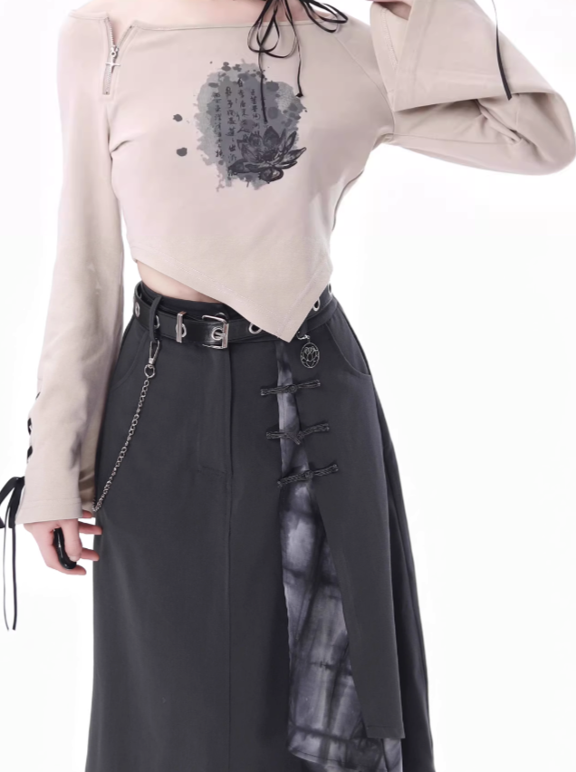 Lace-up Sleeve Top + Irregular Beige Skirt + Wide Pants