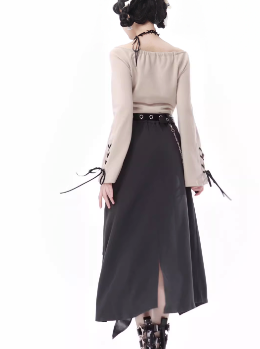 Lace-up Sleeve Top + Irregular Beige Skirt + Wide Pants