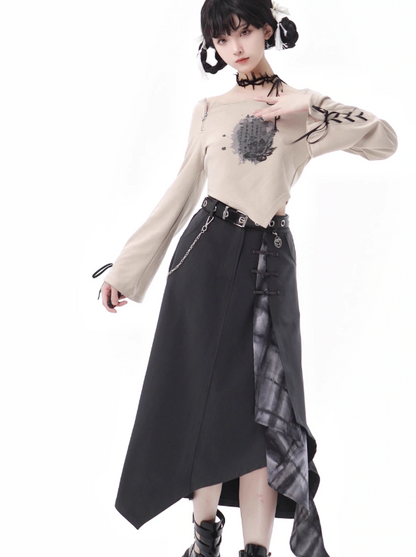 Lace-up Sleeve Top + Irregular Beige Skirt + Wide Pants