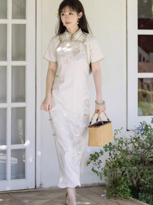 川黛时光：白牡丹民国风全开印花旗袍女装新中式日常气质连衣裙