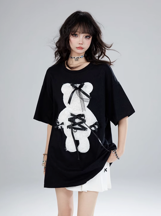 기간 한정 95% 할인 11SH97 블랙 반팔 티셔츠 여성 여름 디자인 감각 레이스 업 루즈 슬림 크루넥 탑
