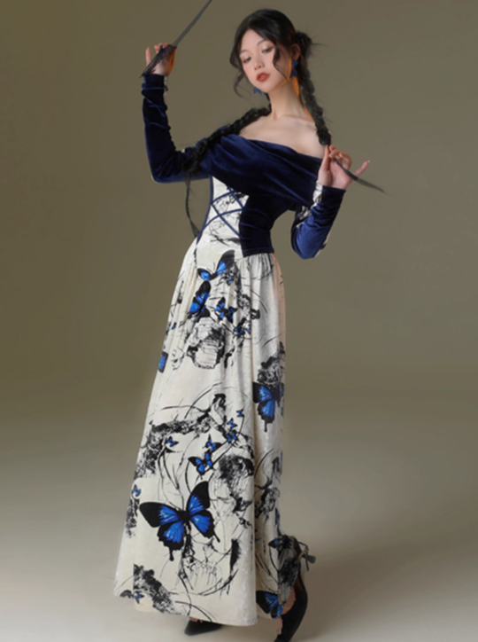 One-Shoulder French Velvet Printed Dress