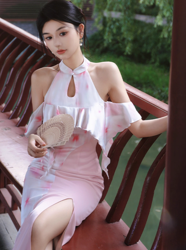 Four catties of homemade Classic Tao Ke original innovative Chinese modified pink simple daily cheongsam print dress