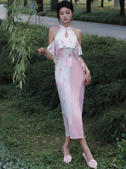 Four catties of homemade Classic Tao Ke original innovative Chinese modified pink simple daily cheongsam print dress